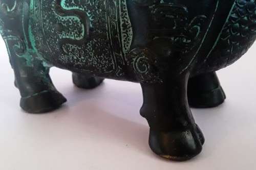 Antique Chinese Verdigris Bronze of a `Malayan Tapir`. Archaic Style.