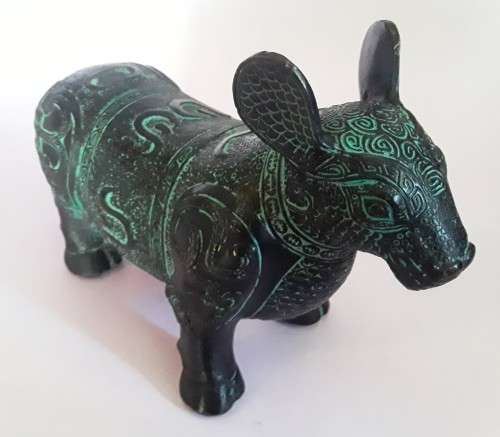Antique Chinese Verdigris Bronze of a `Malayan Tapir`. Archaic Style.