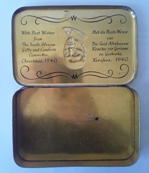 Large WW2 Jan Smuts chocolate tin sent to SA troops Xmas, 1940. 18 x 11cm.
