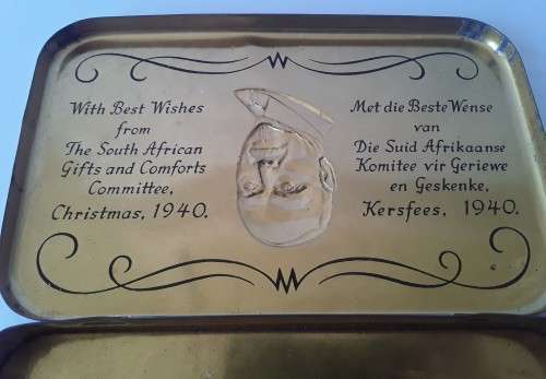 Large WW2 Jan Smuts chocolate tin sent to SA troops Xmas, 1940. 18 x 11cm.