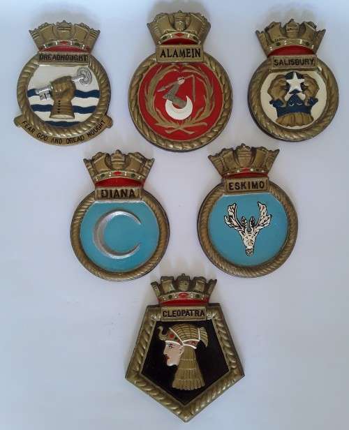 Vintage Royal Navy set of 6 ship`s crest wall plaques.  Stunning!