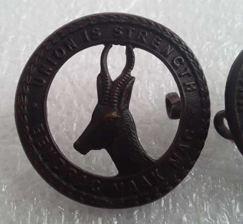 2 x SA Army `Union is Strength` Badges. Lugs intact.
