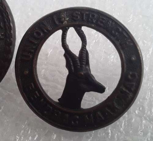 2 x SA Army `Union is Strength` Badges. Lugs intact.