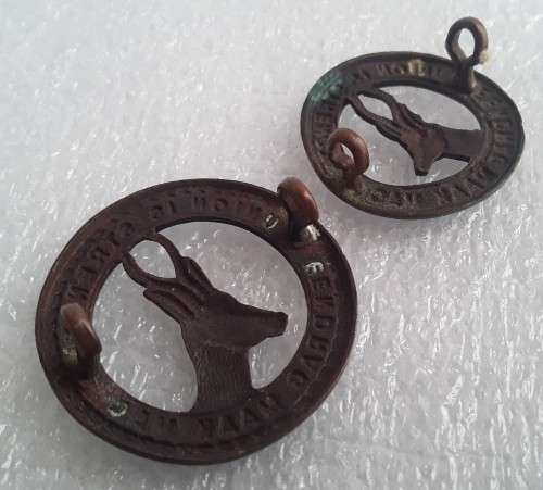 2 x SA Army `Union is Strength` Badges. Lugs intact.