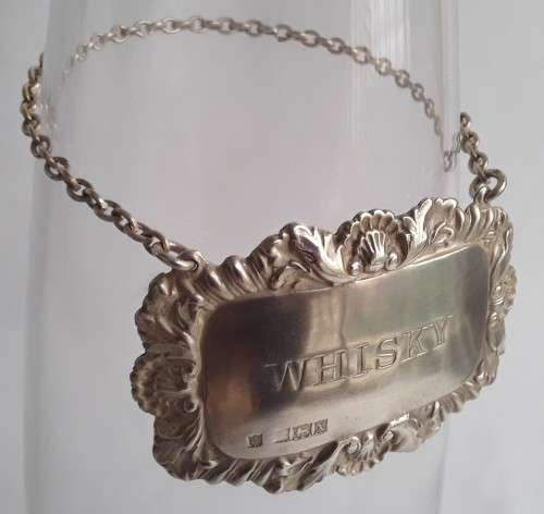Solid Sterling Silver `Whiskey` Label By Charles S. Green & Co. Birmingham, 1972.
