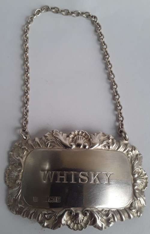 Solid Sterling Silver `Whiskey` Label By Charles S. Green & Co. Birmingham, 1972.