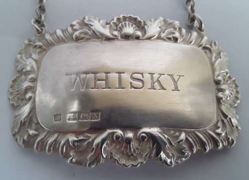 Solid Sterling Silver `Whiskey` Label By Charles S. Green & Co. Birmingham, 1972.