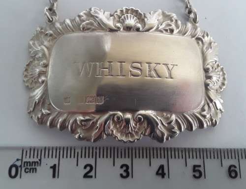 Solid Sterling Silver `Whiskey` Label By Charles S. Green & Co. Birmingham, 1972.
