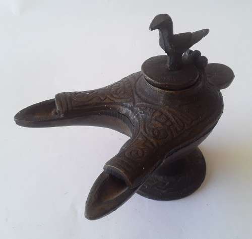 Antique Bronze Grand Tour Double Snouted Byzantine Oil Lamp.