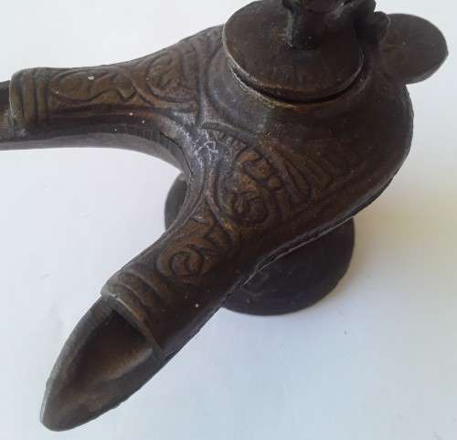 Antique Bronze Grand Tour Double Snouted Byzantine Oil Lamp.