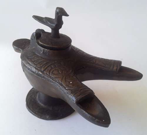 Antique Bronze Grand Tour Double Snouted Byzantine Oil Lamp.