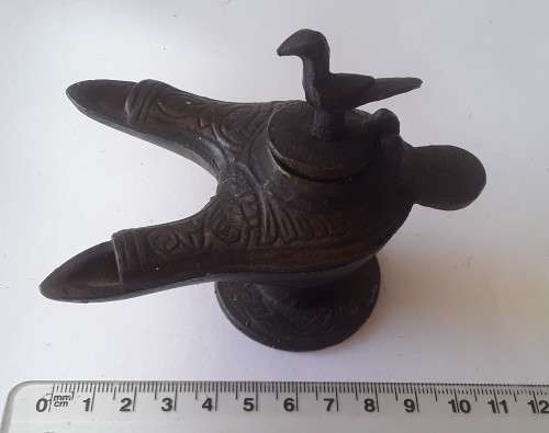 Antique Bronze Grand Tour Double Snouted Byzantine Oil Lamp.
