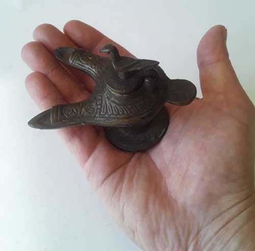 Antique Bronze Grand Tour Double Snouted Byzantine Oil Lamp.