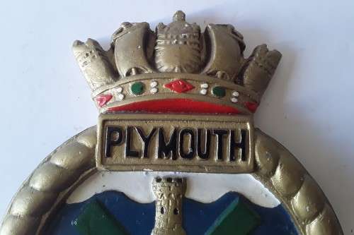 Vintage Hand-Painted Plaster Royal Navy Ship`s Crest Wall Plaque. `HMS Plymouth`.
