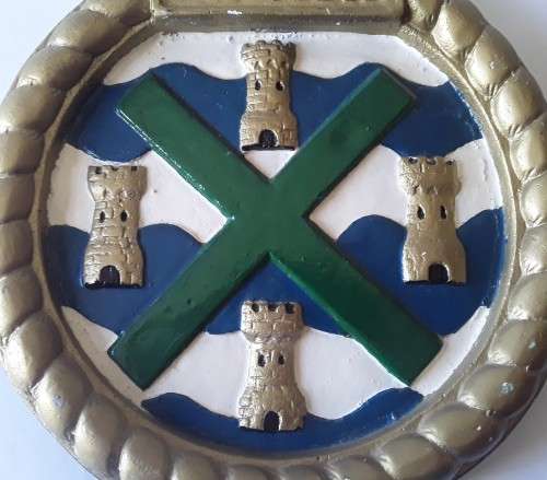 Vintage Hand-Painted Plaster Royal Navy Ship`s Crest Wall Plaque. `HMS Plymouth`.
