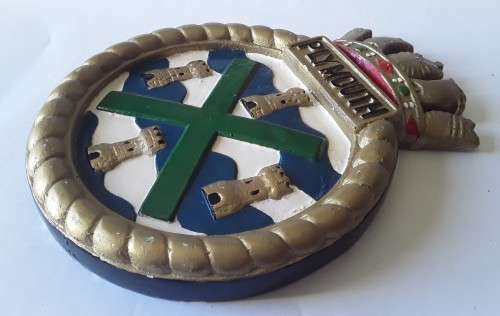 Vintage Hand-Painted Plaster Royal Navy Ship`s Crest Wall Plaque. `HMS Plymouth`.