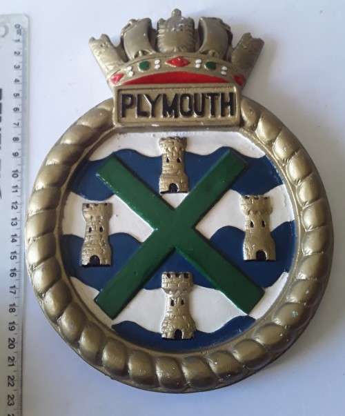 Vintage Hand-Painted Plaster Royal Navy Ship`s Crest Wall Plaque. `HMS Plymouth`.