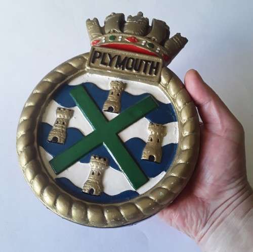 Vintage Hand-Painted Plaster Royal Navy Ship`s Crest Wall Plaque. `HMS Plymouth`.
