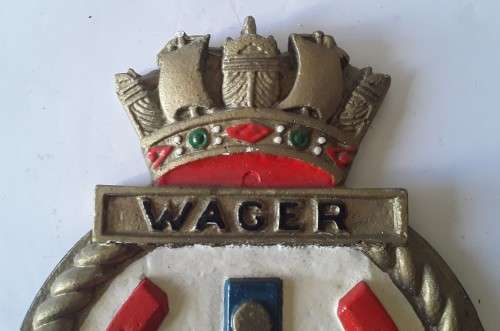 Vintage Hand-Painted Plaster Royal Navy Ship`s Crest Wall Plaque. `HMS Wager`.