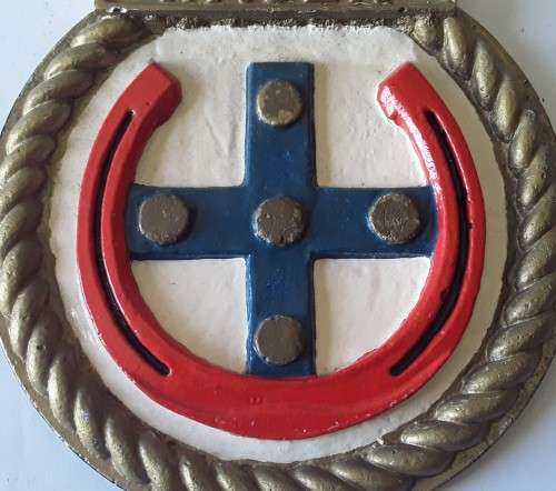 Vintage Hand-Painted Plaster Royal Navy Ship`s Crest Wall Plaque. `HMS Wager`.
