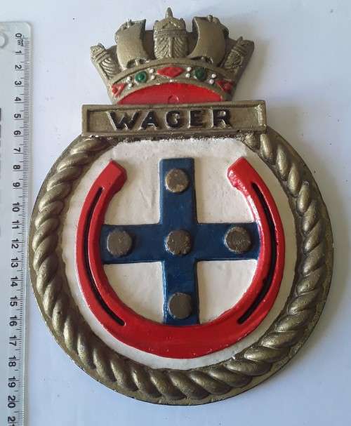 Vintage Hand-Painted Plaster Royal Navy Ship`s Crest Wall Plaque. `HMS Wager`.