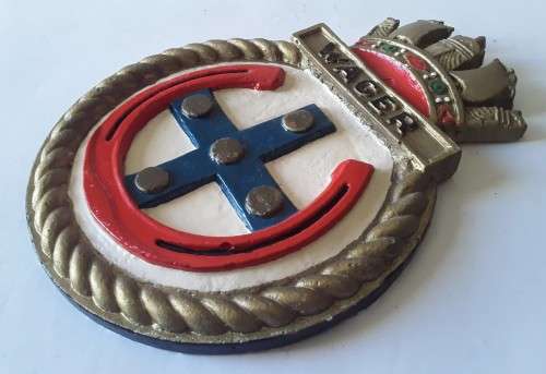 Vintage Hand-Painted Plaster Royal Navy Ship`s Crest Wall Plaque. `HMS Wager`.
