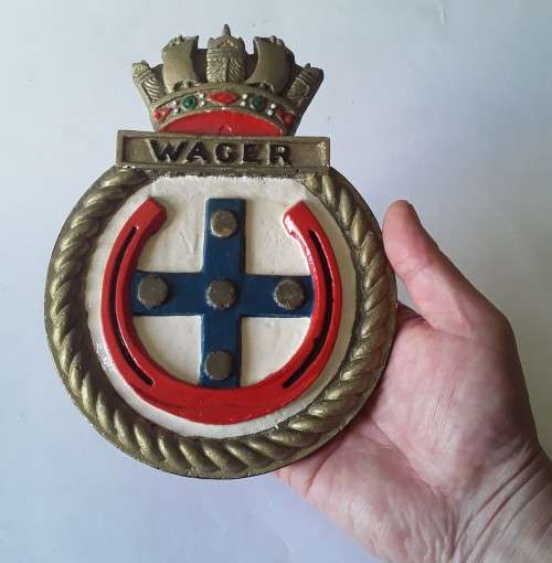 Vintage Hand-Painted Plaster Royal Navy Ship`s Crest Wall Plaque. `HMS Wager`.