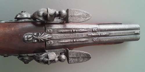 Vintage Non Firing Replica Spanish `Madrid 1820` Double Barrel Flintlock Pistol.