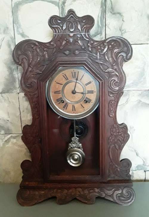Antique Large Art Nouveau Mantel Clock By `Ansonia Clock Company` With Key. Not Running.
