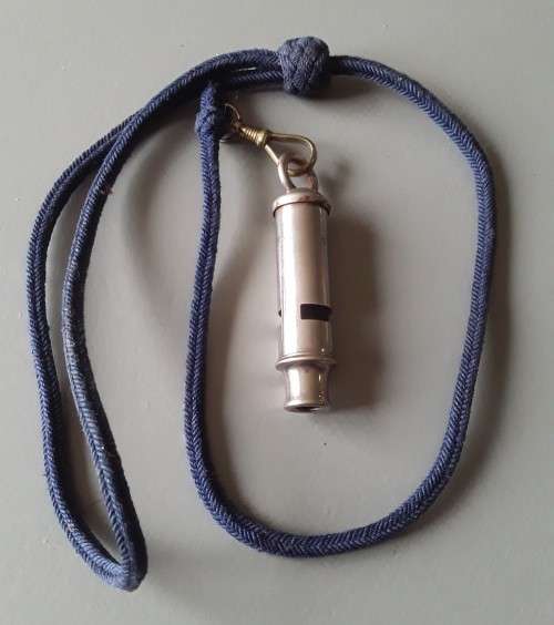 Vintage South African Police Whistle With Original Blue Lanyard.