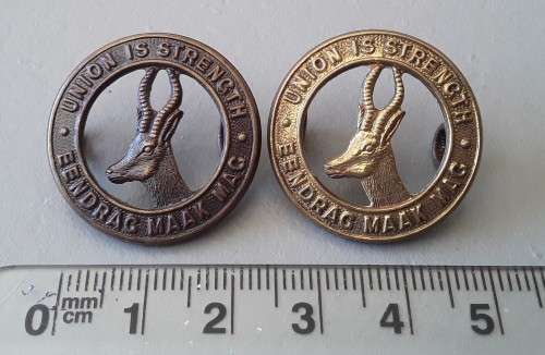 Pair Of WW2 SA Infantry Collar Badges. Light Bronze And Dark Bronze. Lugs Intact.