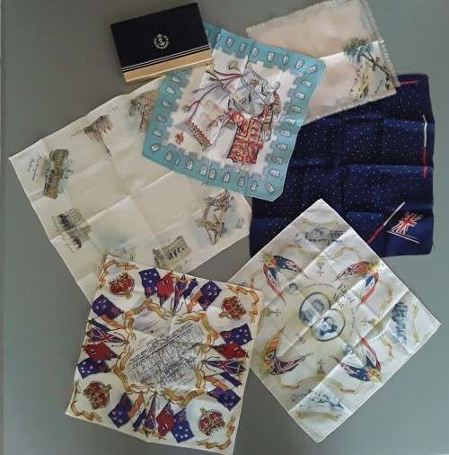 Collection Of 6 Royal Commemorative Hankerchiefs In Royal Navy Box. Mint Condition.