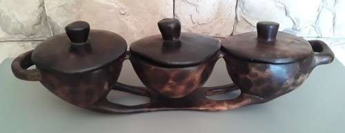 Large vintage African Hand Carved 3-bowl Centre Piece With Lids.