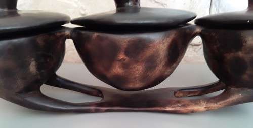 Large vintage African Hand Carved 3-bowl Centre Piece With Lids.