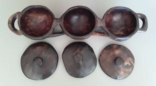Large vintage African Hand Carved 3-bowl Centre Piece With Lids.