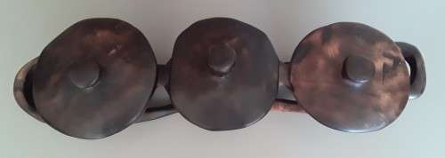 Large vintage African Hand Carved 3-bowl Centre Piece With Lids.
