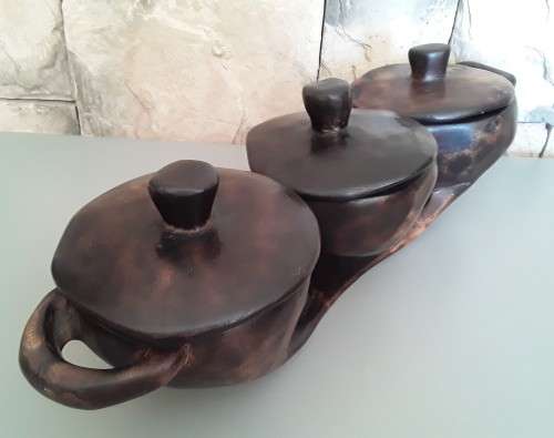 Large vintage African Hand Carved 3-bowl Centre Piece With Lids.