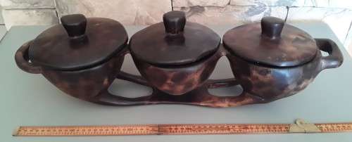 Large vintage African Hand Carved 3-bowl Centre Piece With Lids.