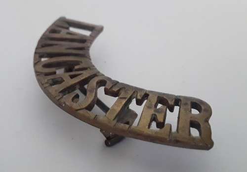 Victorian King`s Own Lancaster Regiment Brass Shoulder Title.  Lugs Intact.
