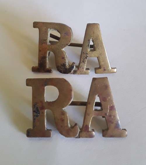 Pair Early British Royal Artillery Brass Shoulder Titles.  Lugs Intact.