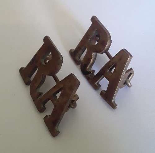 Pair Early British Royal Artillery Brass Shoulder Titles.  Lugs Intact.