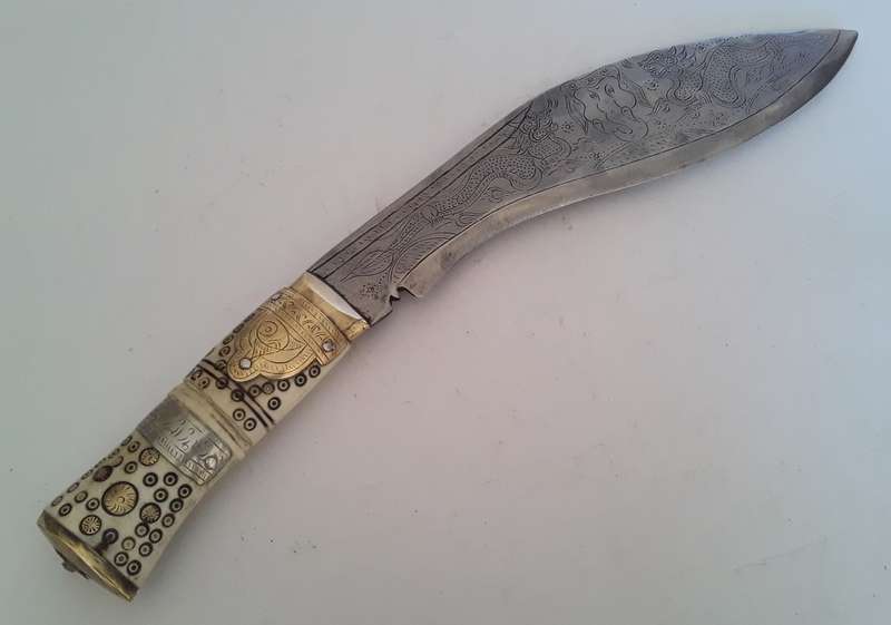 Superb Early Nepalese Gurkha Kukri With Engraved Blade And Bone Handle.