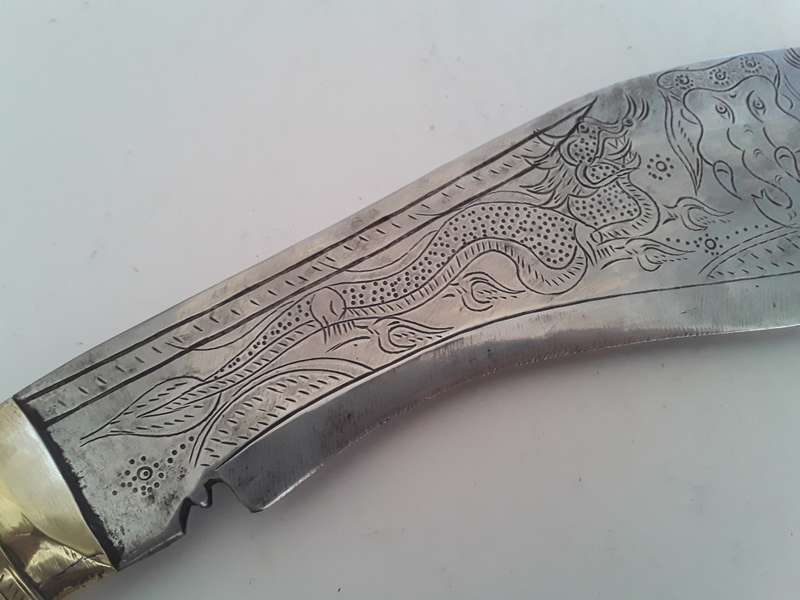 Superb Early Nepalese Gurkha Kukri With Engraved Blade And Bone Handle.
