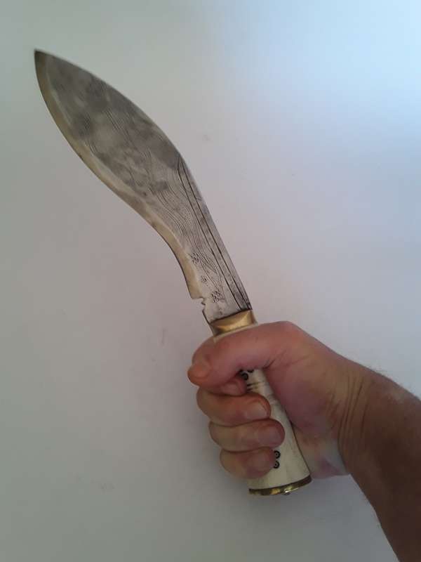 Superb Early Nepalese Gurkha Kukri With Engraved Blade And Bone Handle.