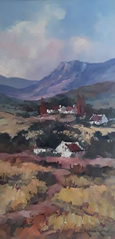 Kobus Kotze Large Original Oil On Board Painting In Gilt Frame Behind Glass. `Farmhouses`. Signed.