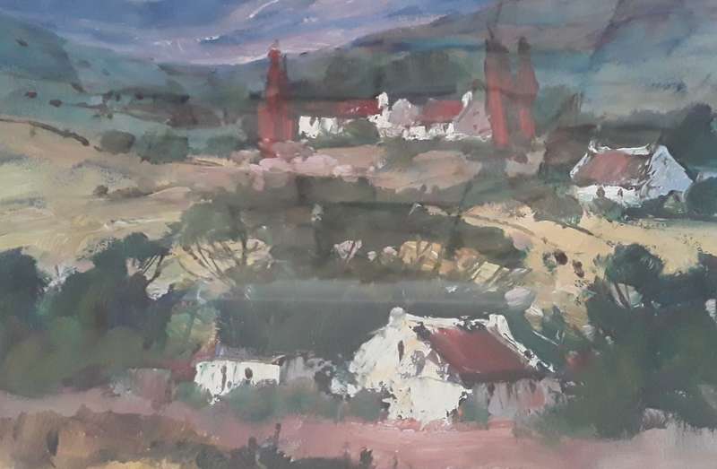Kobus Kotze Large Original Oil On Board Painting In Gilt Frame Behind Glass. `Farmhouses`. Signed.