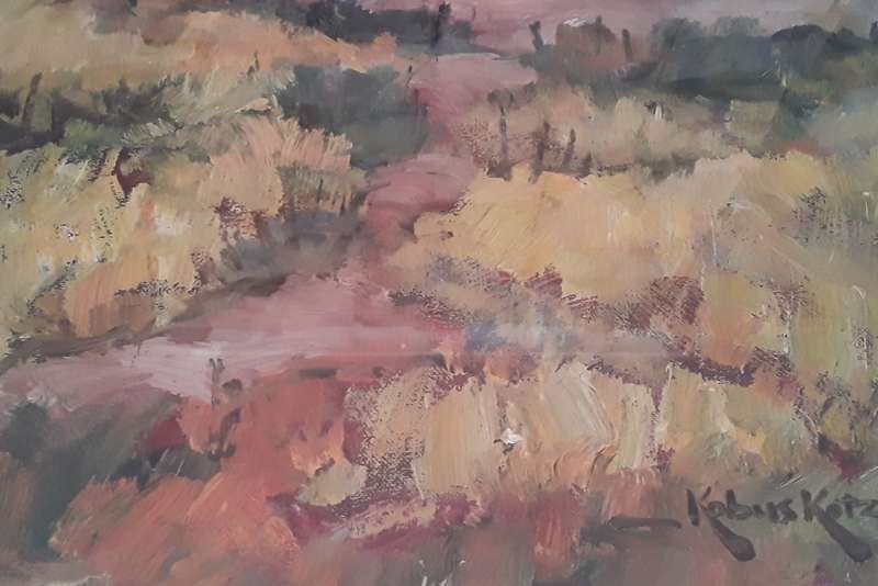 Kobus Kotze Large Original Oil On Board Painting In Gilt Frame Behind Glass. `Farmhouses`. Signed.