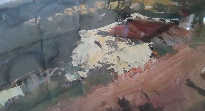Kobus Kotze Large Original Oil On Board Painting In Gilt Frame Behind Glass. `Farmhouses`. Signed.