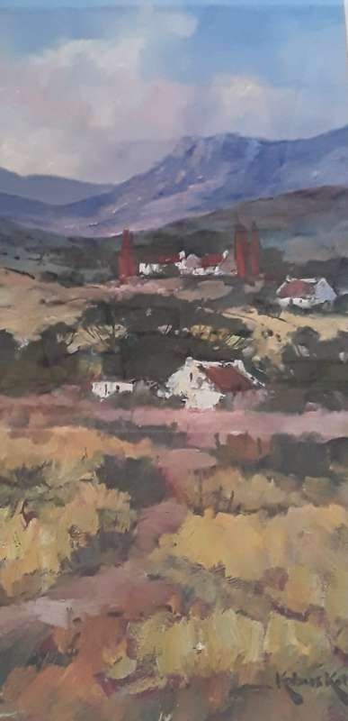 Kobus Kotze Large Original Oil On Board Painting In Gilt Frame Behind Glass. `Farmhouses`. Signed.