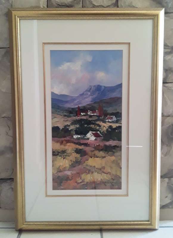 Kobus Kotze Large Original Oil On Board Painting In Gilt Frame Behind Glass. `Farmhouses`. Signed.